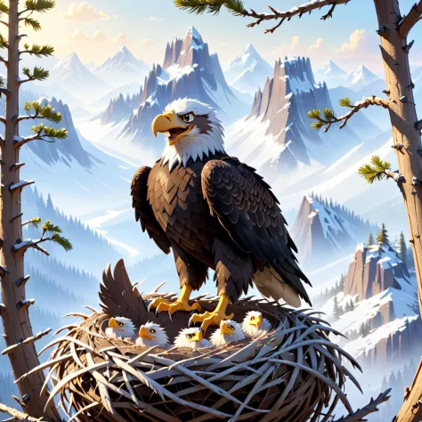 modisn disney style, absolutely outstanding image of eagle sitting in a nest, high altitude, spectacular, stunning