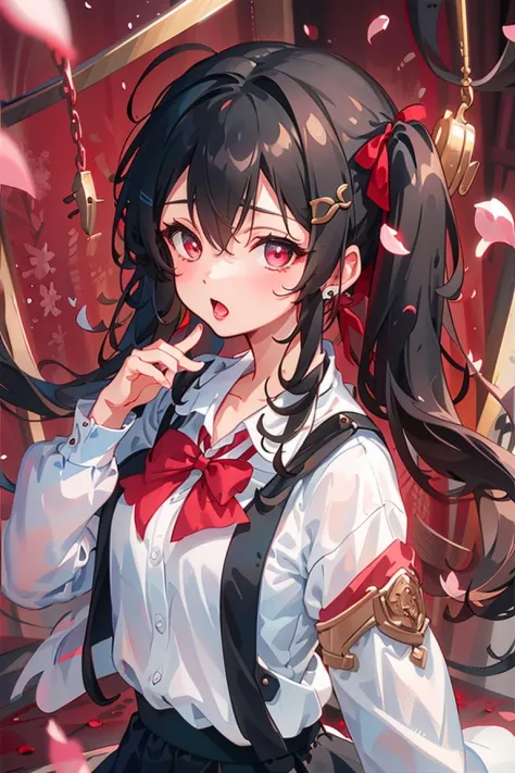 (masterpiece, best quality),a girl, solo, twintails, shirt, skirt, petals, bowtie, earrings, jewelry, bangs, black hair, hair ornament, hair ribbon, red ribbon, red eyes, long hair, open mouth, white shirt, multicolored hair, black skirt, red hair, long sleeves, pink bowtie, hair between eyes, looking at viewer, collared shirt, upper body, hand up, falling petals, depth of field, strong bloom, red background