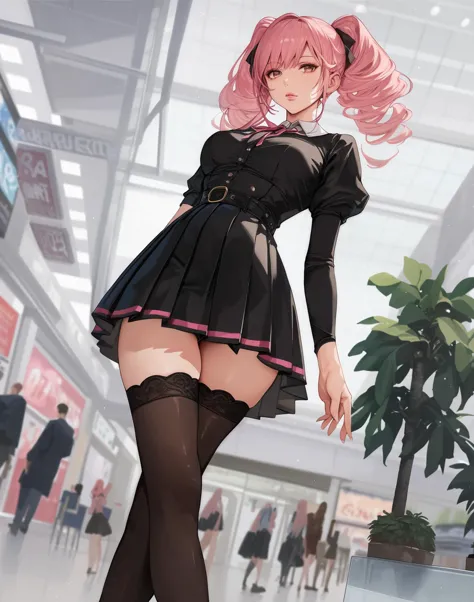 anime girl in a short dress and stockings standing in a mall