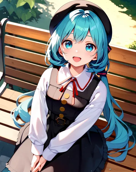 anime girl sitting on a bench with blue hair and a hat