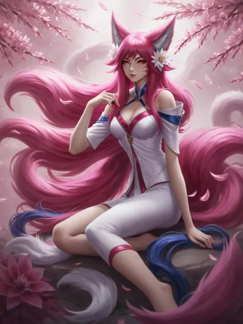 Ahri, spririt blossom, surrounded by ethereal flowers <lora:Ahri-LoRA:0.5>