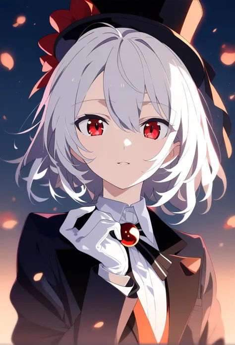 anime girl with white hair and red eyes wearing a top hat