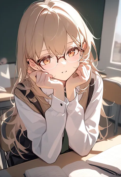 anime girl with glasses sitting at a desk with a book