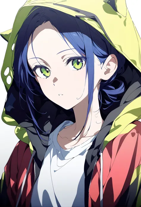 anime girl with blue hair and green eyes wearing a yellow hoodie