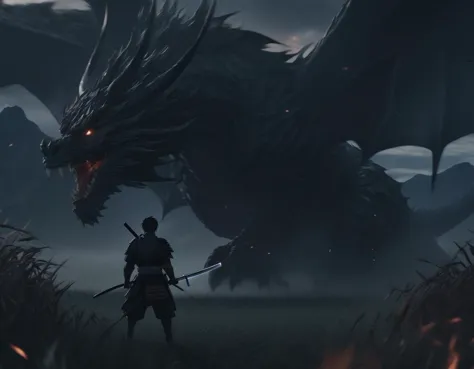 (Anime sharp lines, crisp lineart),, Climactic scene, a samurai with his katana standing in a field facing a distant giant dragon creature with a demonic face, glowing eyes, two outstretched wings, scaled muscular arms sharp claws, ready to start fight, intense scene, fire and air flows, 8k ultrafine detail, attack on titan style, masterpiece, cinematic,(size difference),