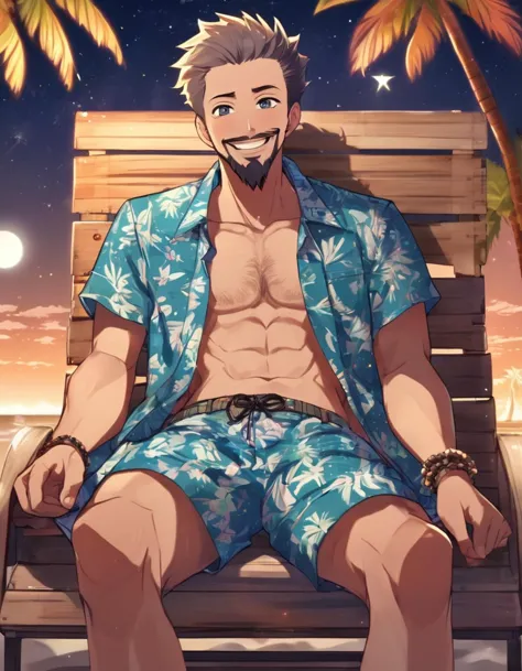 anime,ikemen,manly,low angle,closeup,hairy chest,bara,laughing,looking at viewer,expressive,legs spread,bulge,sitting in beach chair,(buzzcut, goatee, gray eyes, open patterned hawaiian shirt),smirk,swimming trunks,sandals,leaning back,cord bracelet,beach,chill atmosphere,night,starry sky,