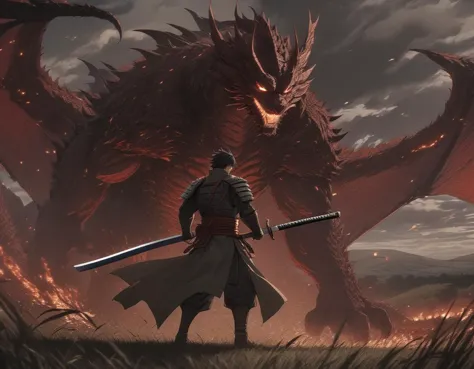 a man standing in front of a giant dragon with a sword