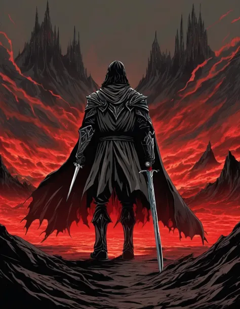 a man in a cloak and cape standing in front of a red sky