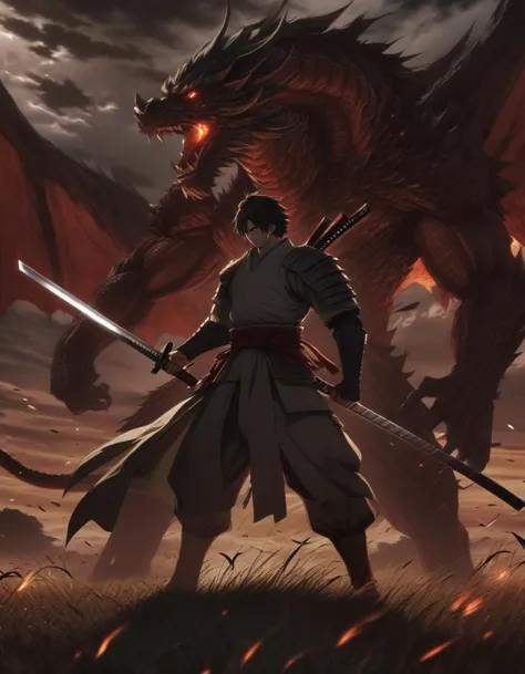 a man standing in front of a dragon with a sword