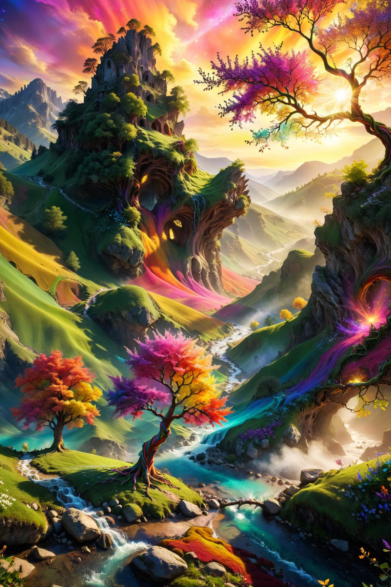 nature secrète, un arbre magique coloré dans une vallée cachée, ambiance magique, 