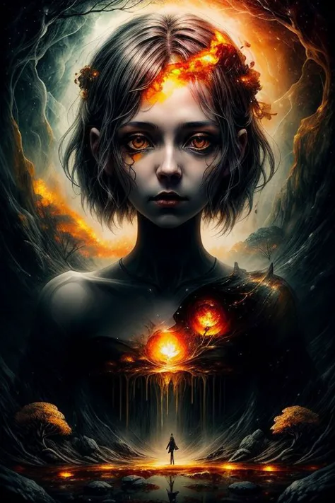 a woman with a fire head and a dark background