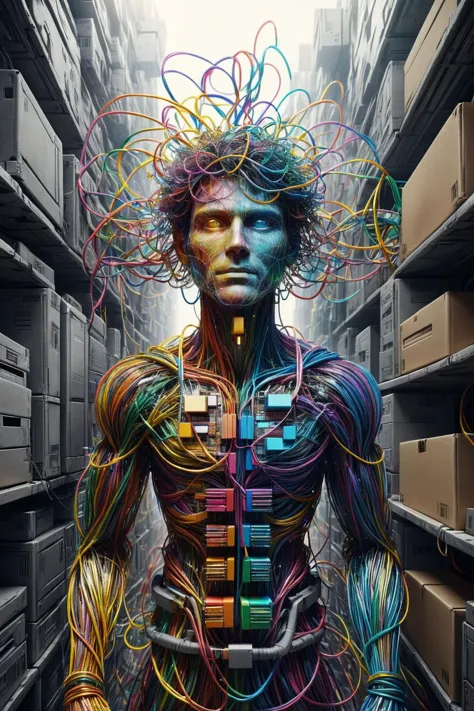 a chaotic mess of colorful wires connecting a dense array of colorful shiny boxes, forming the shape of a person, a man made of wires and boxes