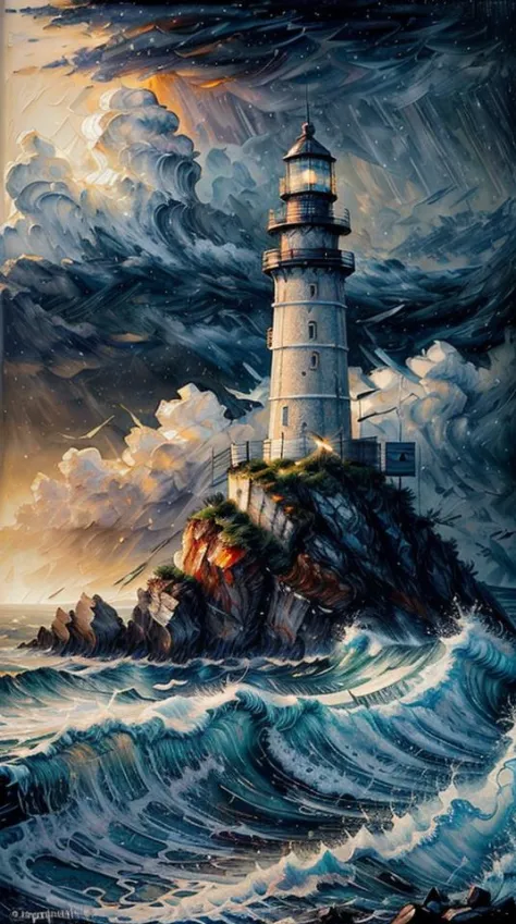 An ultra-detailed oil painting of a lighthouse surrounded by raging waves and stormy skies. (dramatic:1.4), (hyper-realistic), (...