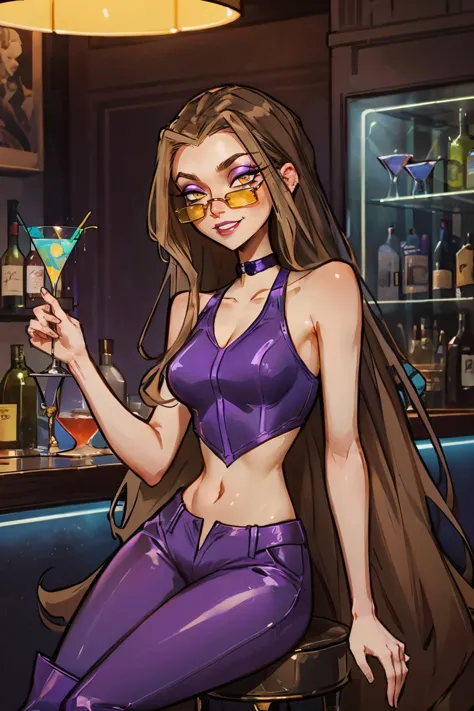 Darcy, les yeux jaunes, cheveux bruns très longs, bandes blondes, crop top violet, pantalon, des lunettes de soleil, foulard, bottes, regarder le spectateur, souriant, Séance, sur un tabouret, barre intérieure, tenant un verre à martini, comptoir, éclairage au néon, Haute qualité, chef-d&#39;œuvre, 