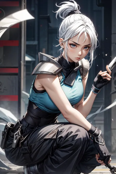 1girl,jett,asian face,white hair,short hair,black gloves, shoulder pads, black pants, cropped sleeveless jacket,aserious expression,crouched, (ninja pose),dinamic pose,kunai knife,holding a kunai,wind effect,strong wind aroud body,masterpiece,extremely detailed CG unity 8k wallpaper, best quality,32k,focus sharp, 