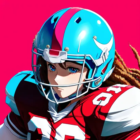 anime girl football player wearing light blue and white football uniform, (shoulder pads), pink hair, (football pads), sports an...