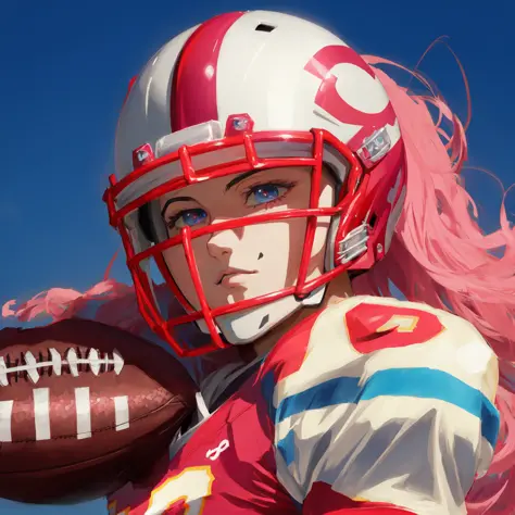 anime girl football player wearing light blue and white football uniform, (shoulder pads), pink hair, (football pads), sports anime, american football, long flowing hair, (large anime eyes), gridiron, (long hair), sportswear, shoulder pads, ((football helm...