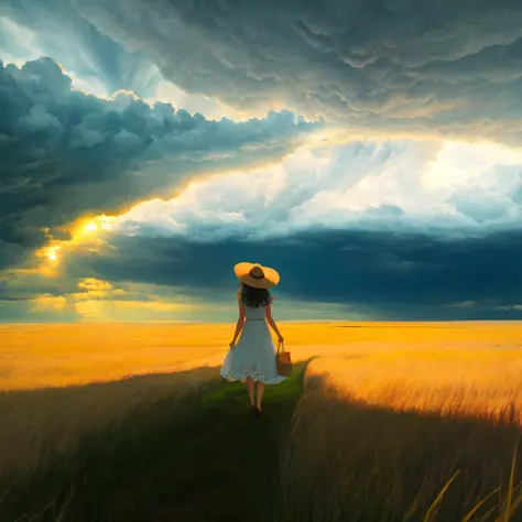woman in the distance, sun dress, sun hat, grassy plains, house, storm clouds,