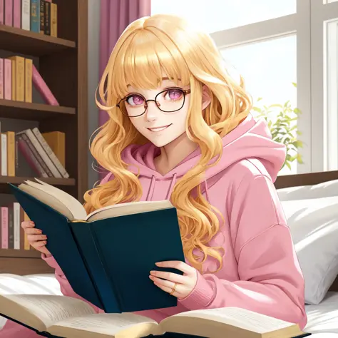 woman, gold eyes, smile, beautiful, golden hair, glasses, bangs, wavy hair, pink hoodie, bedroom, reading book