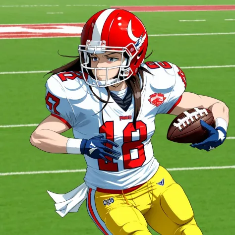 anime magical girl playing American football wearing full football uniform, long flowing hair, eyeblack, football helmet, kinetic action, cartoonish, anime style, hand drawn, cute, beautiful, perfect face, perfect hands, football object, feminine, womanly,...