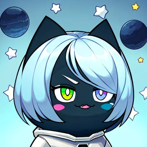 a close up of a cartoon cat with a white hair and a black cat