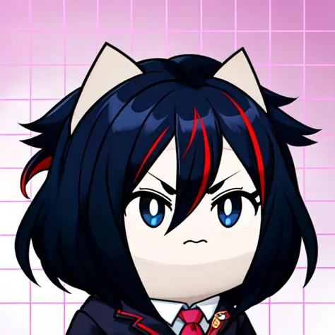 anime girl with black hair and red tie and cat ears