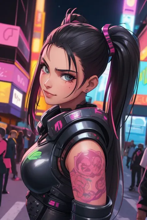 Close-up of a badass cyberpunk latina girl, pigtails, tattoos, beat up cyber armor, small breasts, confident smirk, sassy pose o...
