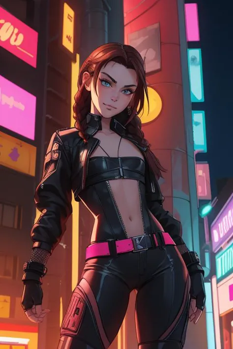 Close-up of a badass skinny cyberpunk girl, long brunette braids, freckles, tight leather hot pants, flat chest, confident smirk...