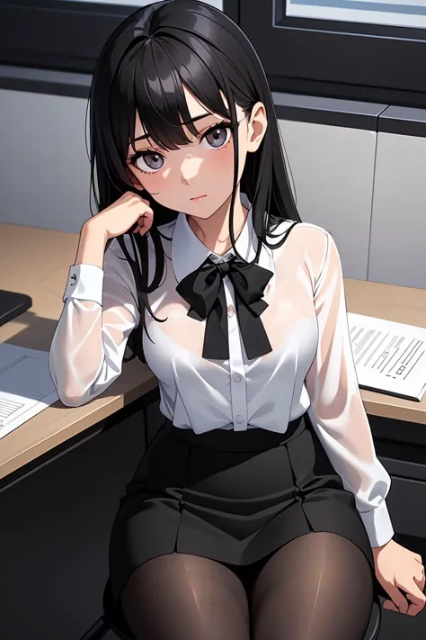 anime girl sitting at a desk with her hand on her chin