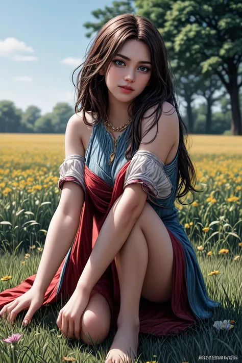 1 fille à couper le souffle en robe cueillant des fleurs dans un champ, brunette, souriant, Texture de la peau, imperfections cutanées, pieds nus, très détaillé, peinture numérique, Station artistique, art conceptuel, lisse, netteté, illustration, moteur irréel 5, 8k, art par artgerm et greg rutkowski et edgar maxence et alphonse mucha,  chef-d&#39;œuvre, primé, professionnel, très détaillé, 