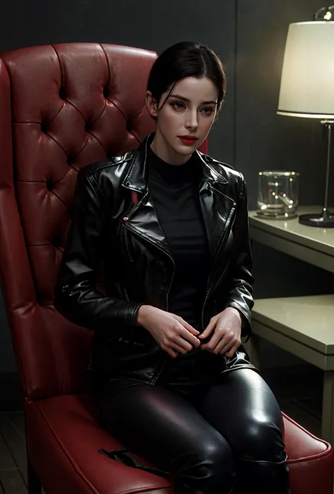 1girl,the matrix,(looking at viewer, female focus,red chair:1.3),Black leather jacket, black leather undershirt, black leather l...