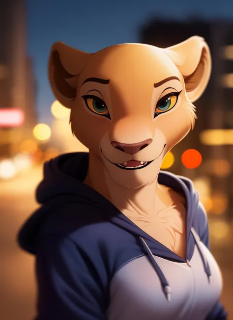 nala, furry female anthro, lion girl, portrait, close-up,  (hoodie:1.2),  hood up, solo, (body fur:1.2), (best quality), (detailed urban background:1.2), dramatic lighting, (detailed fluffy fur:1.1), looking at viewer,  closed mouth, small breasts, <lora:nala-v1:1>