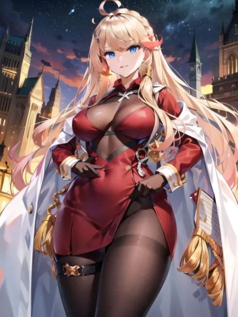 (hyper extreme detailed),(masterpeace),(hyper extreme),(photorealistic),CG,(colour:1.2), beautiful lighting,light from the front,, howe,blond hair,long hair,ahoge,hair_ornament,bangs,blue eyes,breasts,gloves,red dress,bodystocking, <lora:howe:0.8>