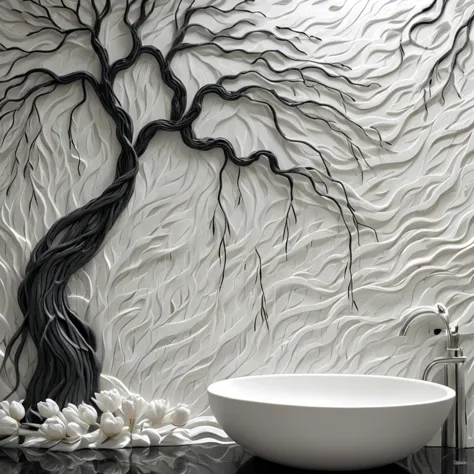 <lora:artfullyTULIPWILLOW_SDXL_V1:1>, arttlpwllw, carved relief, 3d, sculpture, exquisite, black and white, elegant, minimal, decadence, beautiful,willow and tulip, clouds, water, flowers, roots and trunk entertwined, repeating pattern, tiled, bathroom walls