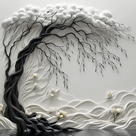 <lora:artfullyTULIPWILLOW_SDXL_V1:1>, arttlpwllw, carved relief, 3d, sculpture, exquisite, black and white, elegant, minimal, decadence, beautiful,willow and tulip, clouds, water, flowers, roots and trunk entertwined,