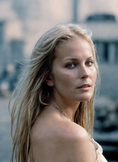 blond woman with long hair looking away from camera in urban setting