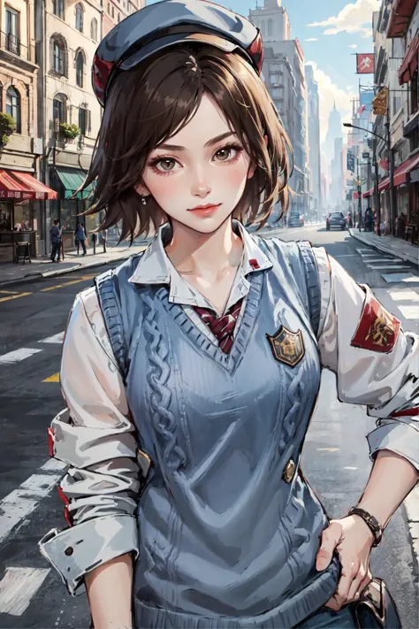 anime girl in uniform standing on a city street with a hat on