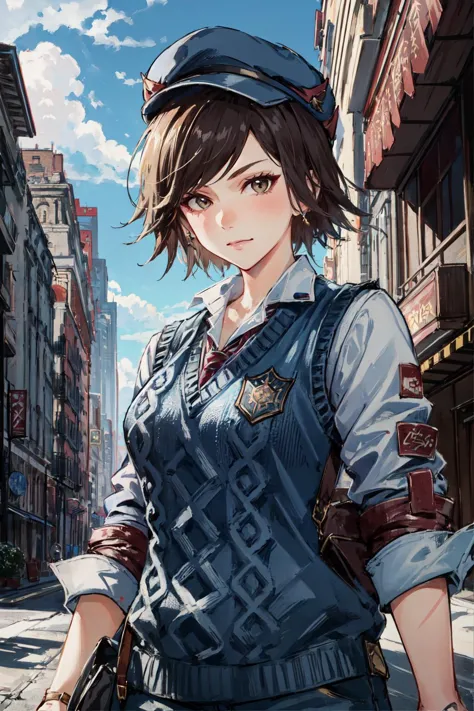 asuka tekken8, 1girl, sweater vest, shirt, hat, uniform, detailed face, looking at viewer, city, skycraper, street, (masterpiece:1.2, best quality)