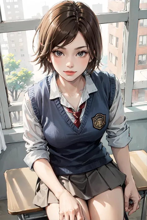 anime girl sitting on a desk in front of a window