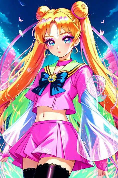 (Earth-QualityPos, Best_QualityPos,  CelShade), (SailorMoonGoth), (cute gyaru, lolitafashion:1.4), (rainbow theme:1.3), (half-body) illustration of (gyaru Sailor Moon) wearing (gyaru latex rainbow short tied shirt, micro miniskirt, transparent wide sleeves, navel:1.2), (shiny glossy translucent clothing, gleaming oily fabric :1.1), (perfect face, cute face, symmetric face, blue perfecteyes eyes), rainbow (lipstick, cute makeup:1.4), (frills, lace, bows:1.2), (double meatballs style rainbow hair:1.2), (sparkles, sparkling hair, sparkling clothes, sparkles near eyes),