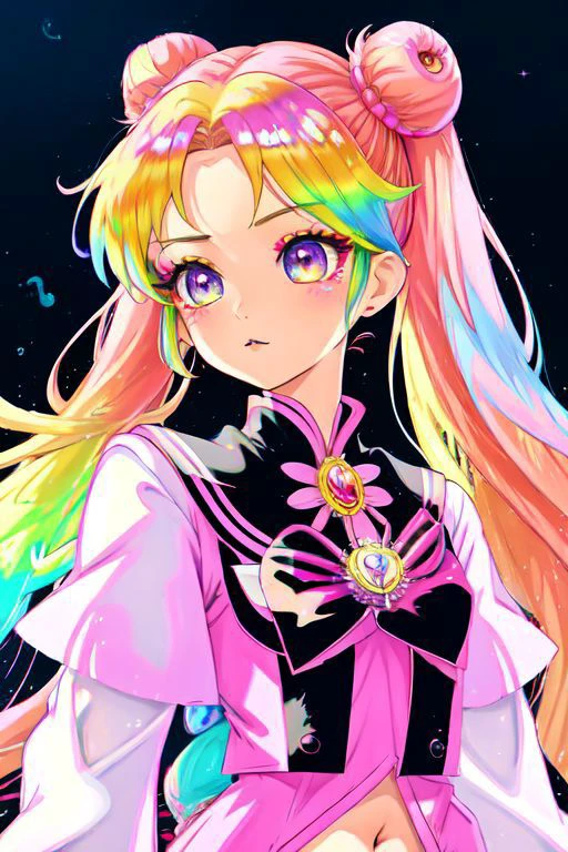 (Earth-QualityPos, Best_QualityPos,  CelShade), (SailorMoonGoth), (cute gyaru, lolitafashion:1.4), (rainbow theme:1.3), (full body) illustration of (gyaru Sailor Moon) wearing (gyaru latex rainbow short tied shirt, micro miniskirt, transparent wide sleeves, navel:1.2), (shiny glossy translucent clothing, gleaming oily fabric :1.1), (perfect face, cute face, symmetric face, blue perfecteyes eyes), rainbow (lipstick, cute makeup:1.4), (frills, lace, bows:1.2), (rainbow tight high socks, cute boots, smiling, sitting in rainbow sofa:1.4), (double meatballs style rainbow hair:1.2), (sparkles, sparkling hair, sparkling clothes, sparkles near eyes),