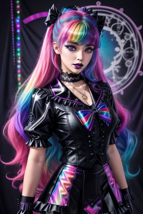 a woman with long hair wearing a black dress and a rainbow wig