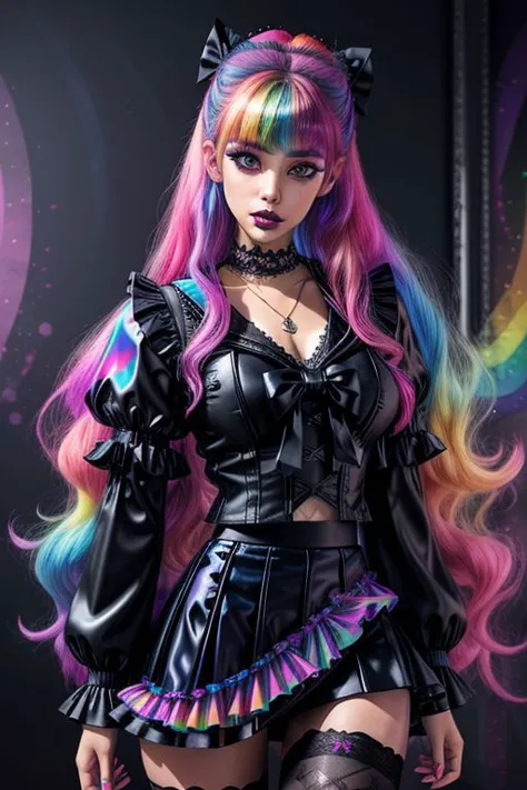 a close up of a woman with colorful hair and a black outfit