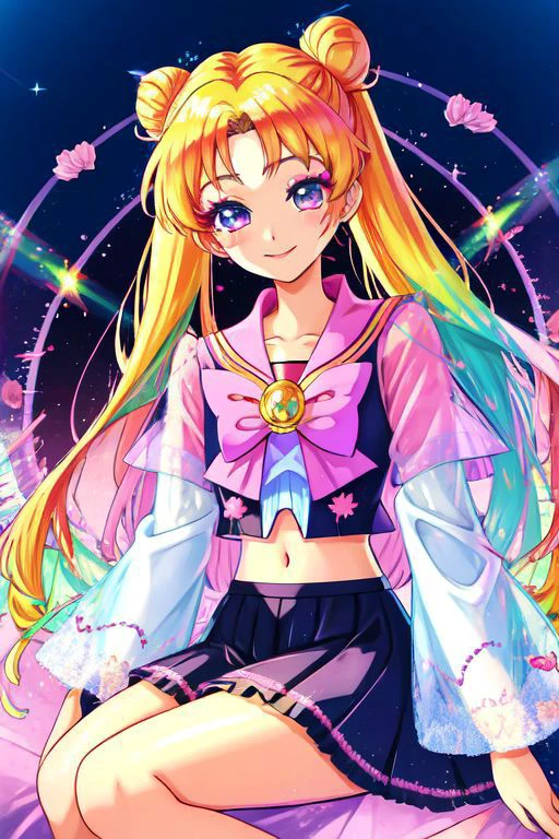 (Earth-QualityPos, Best_QualityPos,  CelShade), (SailorMoonGoth), (cute gyaru, lolitafashion:1.4), (rainbow theme:1.3), (sitting, smiling) illustration of (gyaru Sailor Moon) wearing (gyaru latex rainbow short tied shirt, micro miniskirt, transparent wide sleeves, navel:1.2), (shiny glossy translucent clothing, gleaming oily fabric :1.1), (perfect face, cute face, symmetric face, blue perfecteyes eyes), rainbow (lipstick, cute makeup:1.4), (frills, lace, bows:1.2), (rainbow tight high socks, cute boots, smiling, sitting in rainbow sofa:1.4), (double meatballs style rainbow hair:1.2), (sparkles, sparkling hair, sparkling clothes, sparkles near eyes),