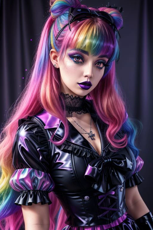 (SailorMoonGoth:1), (pastelgoth rainbow latex theme:1.3), professional detailed (full body:1.2) photo of (SailorMoonGoth) wearing (intricate pastelgoth rainbow latex lolitadress, multilayered skirt:1.2), (shiny glossy translucent clothing, gleaming oily fabric :1.1), (perfect face, beautiful face, symmetric face, blue perfecteyes eyes), pastelgoth rainbow (lipstick, eyeshadow, mascara, goth makeup:1.1), (frills, lace, bows:1.2), (pastelgoth rainbow stockings:1.1), (double meatballs style rainbow hair:1.2),
ultra wide angle shot, cinematic style, 8k, RAW photo, photo-realistic, masterpiece, best quality, absurdres, incredibly absurdres, huge filesize, extremely detailed, High quality texture, Cinematic Lighting, physically-based rendering, Ray tracing,