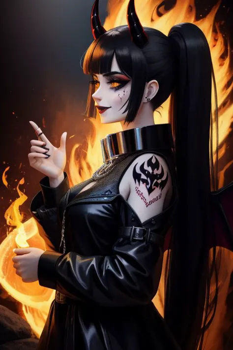 (SailorMoonGoth:1), (HellscapeV1:1.2), (succubus, succubus horns, succubus wings, glowing succubus tattoo, metal collar, facing viewer:1.4), (death metal goth, dark, death metal concert, death metal hair, death metal clothes, fishnets, tattoo, piercings, chain accessories, navel piercing, death metal makeup, tramp tattoo, public tattoo, over the shoulder jacket, evil smile:1.3), (shiny glossy translucent clothing, gleaming oily latex fabric:1.1),
ultra wide angle shot, cinematic style, 8k, RAW photo, photo-realistic, masterpiece, best quality, absurdres, incredibly absurdres, huge filesize, extremely detailed, High quality texture, Cinematic Lighting, physically-based rendering, Ray tracing,
photorealistic, octane render, best quality, looking at viewer, looking down, sharp focus, (8k), (4k), (Masterpiece), (Best Quality), (realistic skin texture), extremely detailed, intricate, hyper detailed, illustration, soft lighting, high resolution, sharp detail,