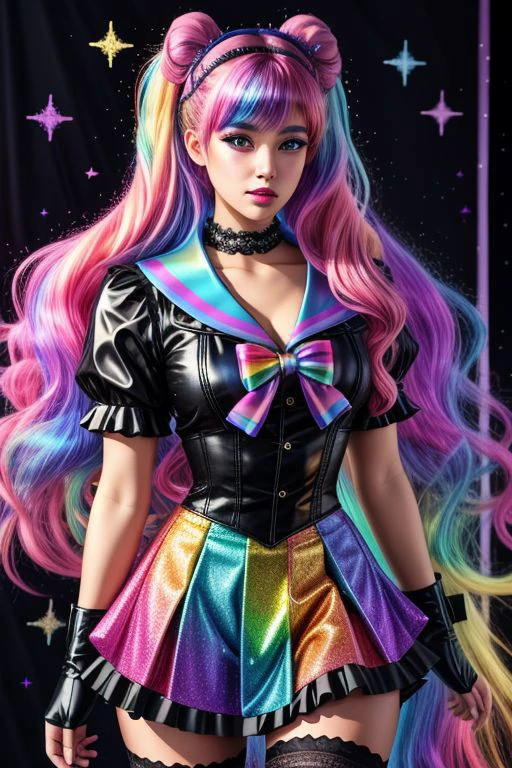 (SailorMoonGoth:1), (pastelgoth rainbow latex theme:1.3), professional detailed (full body:1.2) photo of (Sailor Moon) wearing (intricate pastelgoth latex rainbow sailor senshi fuku, multilayered skirt:1.2), (shiny glossy translucent clothing, gleaming oily fabric :1.1), (perfect face, beautiful face, symmetric face, blue perfecteyes eyes), pastelgoth rainbow (lipstick, eyeshadow, mascara, goth makeup:1.1), (frills, lace, bows:1.2), (pastelgoth rainbow stockings:1.1), (double meatballs style rainbow hair:1.2), (sparkles, sparkling hair, sparkling clothes, sparkles around face:1.3),
ultra wide angle shot, cinematic style, 8k, RAW photo, photo-realistic, masterpiece, best quality, absurdres, incredibly absurdres, huge filesize, extremely detailed, High quality texture, Cinematic Lighting, physically-based rendering, Ray tracing,