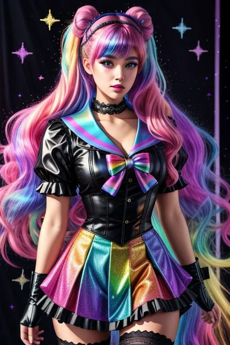 (SailorMoonGoth:1), (pastelgoth rainbow latex theme:1.3), professional detailed (full body:1.2) photo of (Sailor Moon) wearing (...