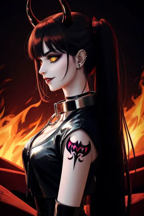 (SailorMoonGoth:1), (HellscapeV1:1.2), (succubus, succubus horns, succubus wings, glowing succubus tattoo, metal collar:1.4), (death metal goth, dark, death metal concert, death metal hair, death metal clothes, fishnets, tattoo, piercings, chain accessories, navel piercing, death metal choker, death metal makeup, tramp tattoo, public tattoo, over the shoulder jacket, evil smile:1.3), (shiny glossy translucent clothing, gleaming oily latex fabric:1.1),
ultra wide angle shot, cinematic style, 8k, RAW photo, photo-realistic, masterpiece, best quality, absurdres, incredibly absurdres, huge filesize, extremely detailed, High quality texture, Cinematic Lighting, physically-based rendering, Ray tracing,
photorealistic, octane render, best quality, looking at viewer, looking down, sharp focus, (8k), (4k), (Masterpiece), (Best Quality), (realistic skin texture), extremely detailed, intricate, hyper detailed, illustration, soft lighting, high resolution, sharp detail,