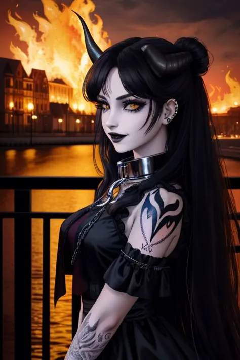 (SailorMoonGoth:1), (HellGirl, HellscapeV1:1.2), (succubus, succubus horns, succubus wings, glowing succubus tattoo, metal collar, facing viewer:1.4), (death metal goth, dark, death metal concert, death metal hair, death metal clothes, fishnets, tattoo, piercings, chain accessories, navel piercing, death metal makeup, tramp tattoo, public tattoo, crazy smile, fire background, hellish background, :D, perfect teeth:1.3), (shiny glossy translucent clothing, gleaming oily latex fabric:1.1),
ultra wide angle shot, cinematic style, 8k, RAW photo, photo-realistic, masterpiece, best quality, absurdres, incredibly absurdres, huge filesize, extremely detailed, High quality texture, Cinematic Lighting, physically-based rendering, Ray tracing,
photorealistic, octane render, best quality, looking at viewer, looking down, sharp focus, (8k), (4k), (Masterpiece), (Best Quality), (realistic skin texture), extremely detailed, intricate, hyper detailed, illustration, soft lighting, high resolution, sharp detail,